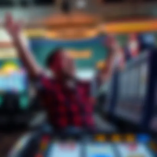 A happy player with arms raised celebrating a big win at a slot machine after using $15 Freeplay