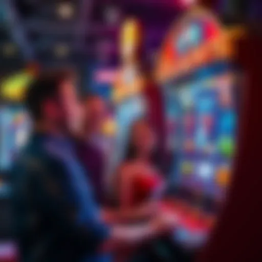A group of players joyfully interacting with a colorful slot machine, displaying multiple bonus features and lights.