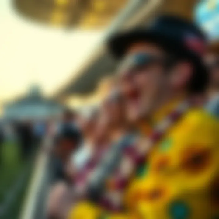A surprised fan watching the Melbourne Cup Carnival, filled with excitement and joy as horses race by.