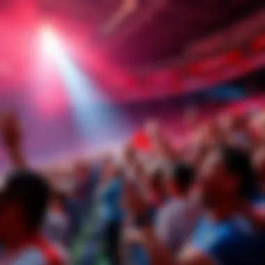 A vibrant crowd of sports fans celebrating and cheering in a stadium, filled with energy and anticipation for a big score