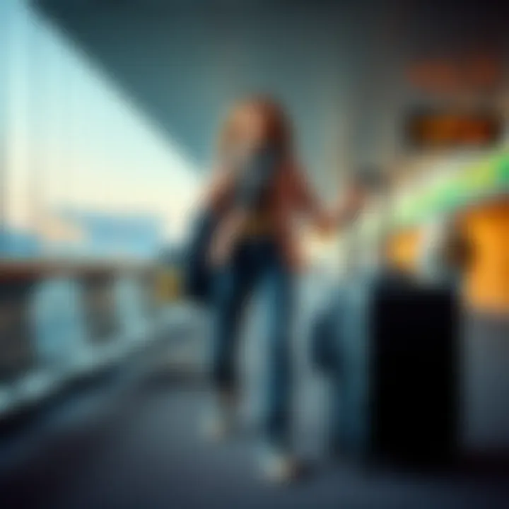 A traveler standing with a suitcase at the airport, reflecting excitement and nervousness about their upcoming trip to Las Vegas for the WSOP.