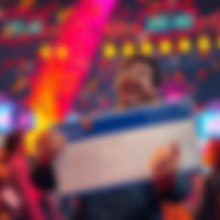 A joyful person holding a big check with a smile, celebrating after winning a jackpot, with confetti falling around them.