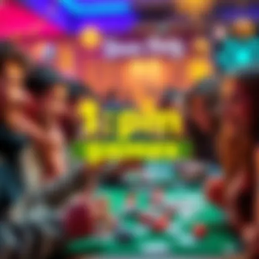 A vibrant scene featuring people enjoying 1pm games with colorful dice and cards, surrounded by cheerful expressions and a festive atmosphere.