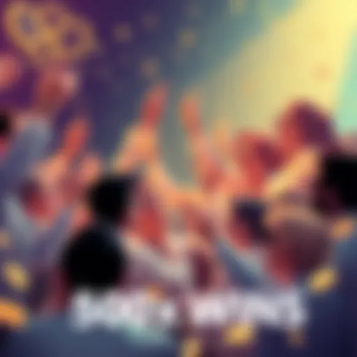 Illustration showing people celebrating and discussing opportunities related to 500x wins.