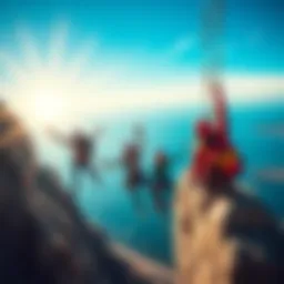 A group of friends enjoying extreme sports like rock climbing and bungee jumping, showcasing excitement without gambling.