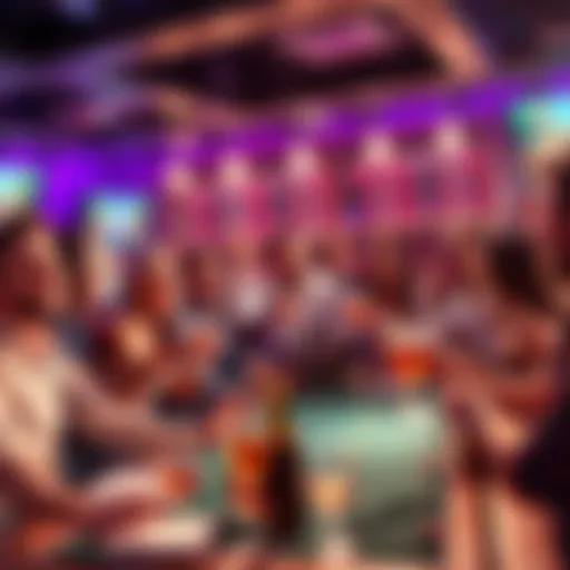 People celebrating with drinks and excitement around a betting table in a lively atmosphere