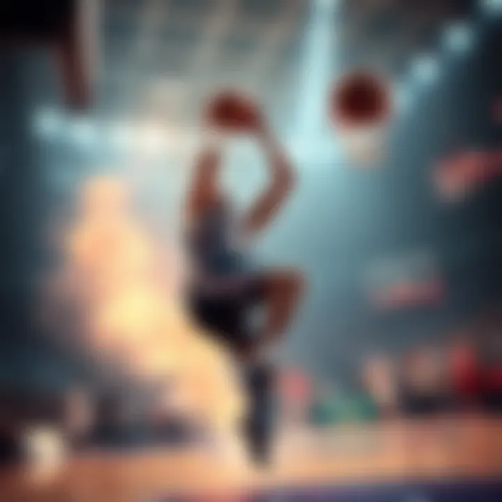 A thrilling moment as a basketball player makes a last-second shot during a game, capturing the excitement before work.