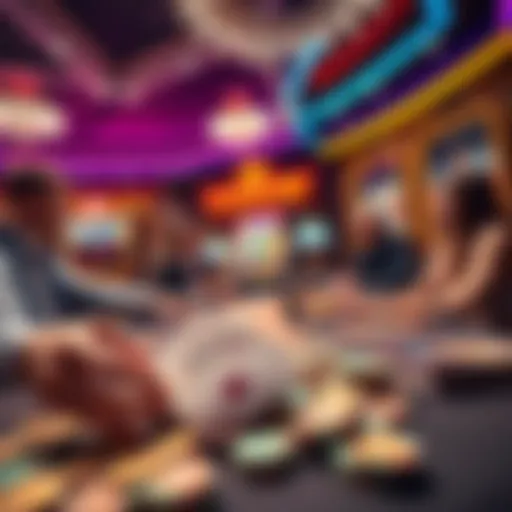 A vibrant casino scene showing a game dealer and players at a table, with cash on the table, highlighting fast winnings from a betting game.