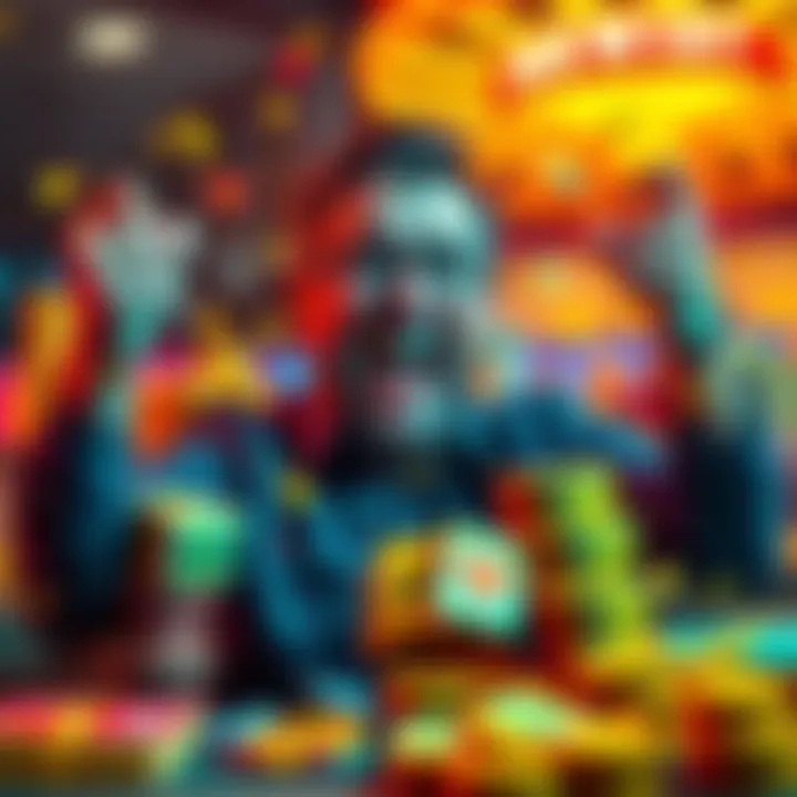 Exciting Gambling Wins A happy person celebrating a big gambling win with stacks of cash and colorful gaming symbols around them.