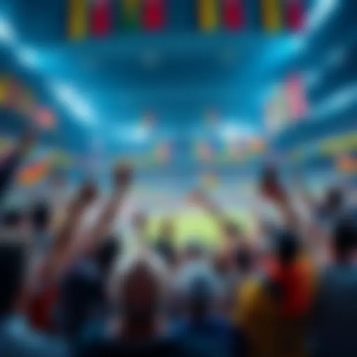 A group of enthusiastic fans cheering for their team in a vibrant stadium filled with colorful banners and flags.