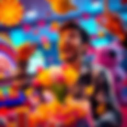 Person celebrating a win while playing on Packdraw, surrounded by colorful game elements and fun decorations.