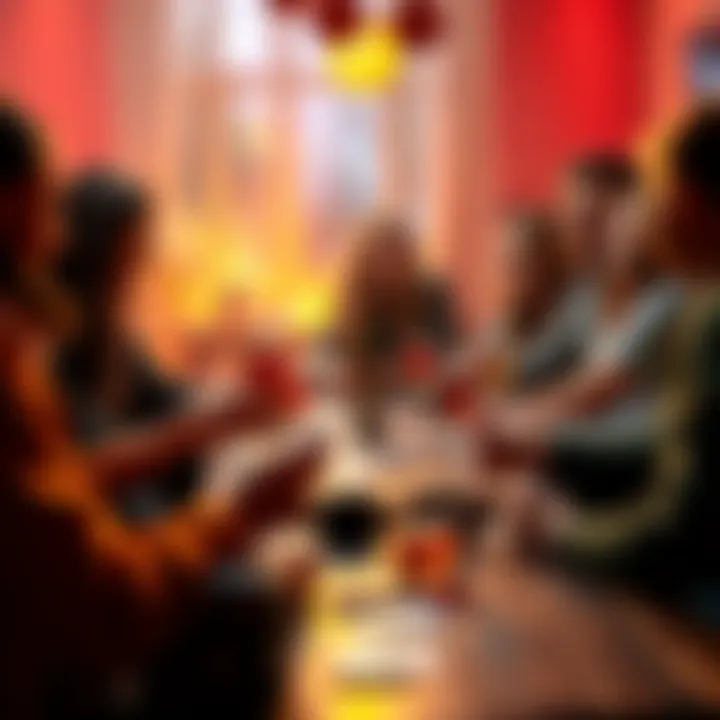 A group of friends gathered around a table with cards and drinks, ready for an exciting game night. They are discussing strategies and planning their moves for the evening.