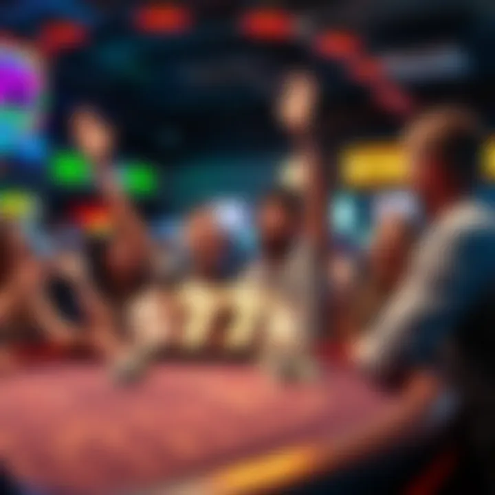 A player celebrating a $7,000 win at a gaming table, surrounded by cheering friends and colorful game lights.