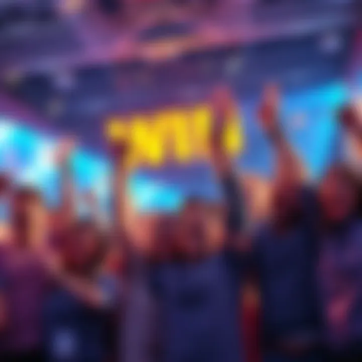 A group of enthusiastic people celebrating a game win with excitement and joy, showcasing the thrill of gaming and community spirit.