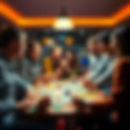 A group of friends gathered around a table, excitedly playing Keno with colorful cards and markers.