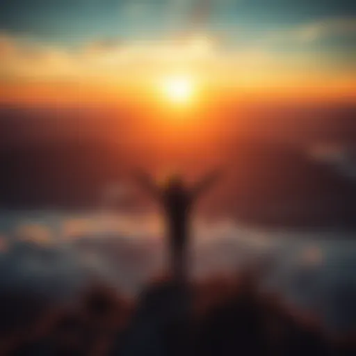 A person standing on a hilltop with arms raised, enjoying a sunset, symbolizing achievement and dreams