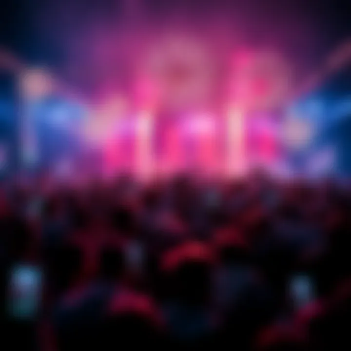 A crowd celebrating a big announcement with banners and fireworks in the background