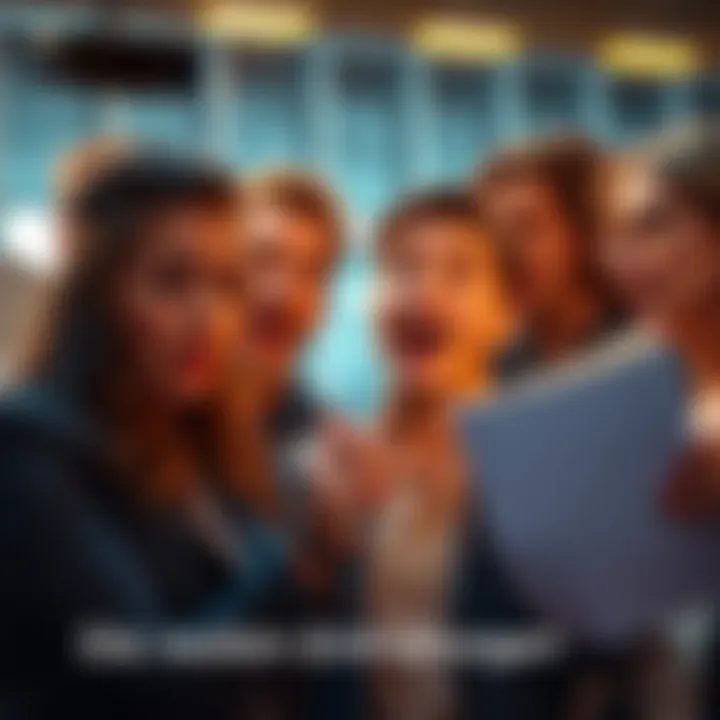 Group of people discussing breaking news with expressions of surprise and excitement.