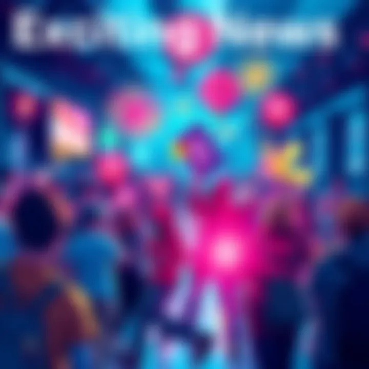A vibrant scene showing trends and events shaping 2025, with people engaged in various activities, showcasing excitement and anticipation.