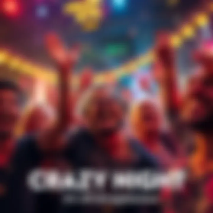 A vibrant scene depicting people celebrating a night of winning cash prizes with joyful expressions and lighting effects