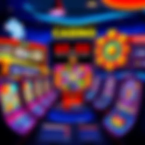 A vibrant online casino interface featuring colorful slot machines, a bonus wheel, and a display of weekly and monthly prize announcements.