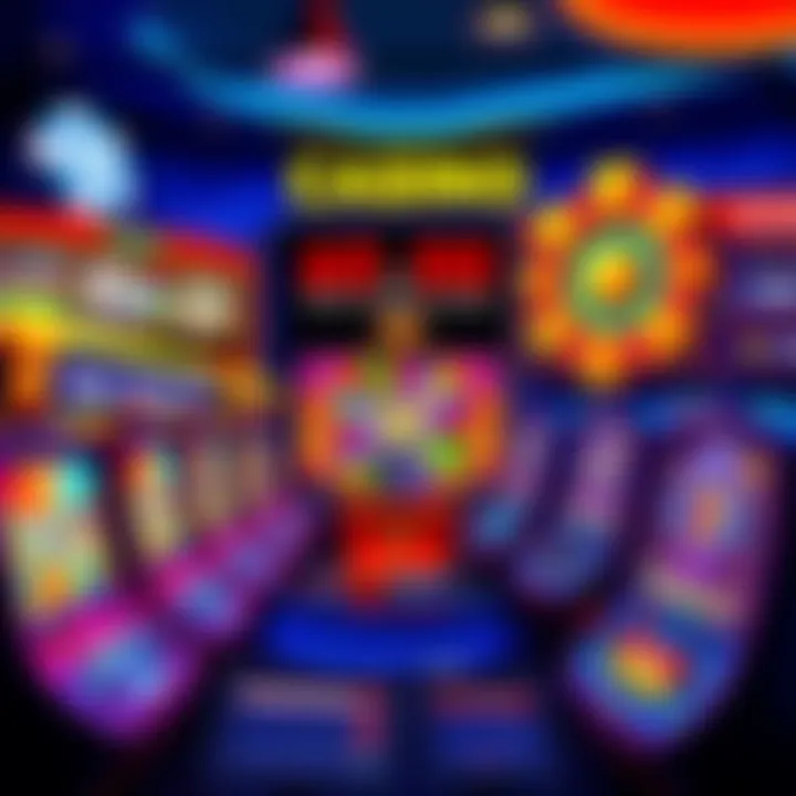 A vibrant online casino interface featuring colorful slot machines, a bonus wheel, and a display of weekly and monthly prize announcements.