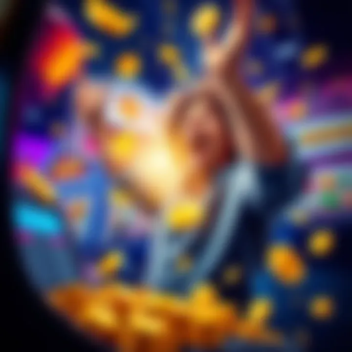 A player celebrating a big win at the Huff N More Puff slot machine, with colorful graphics and coins flying around.