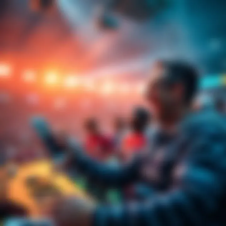 A sports fan excitedly checks betting options on FanDuel, with sports events in the background.