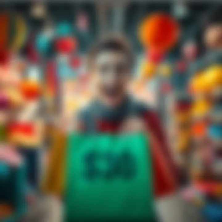 A person holding a shopping bag with a surprised expression, surrounded by colorful items indicating excitement from a recent purchase