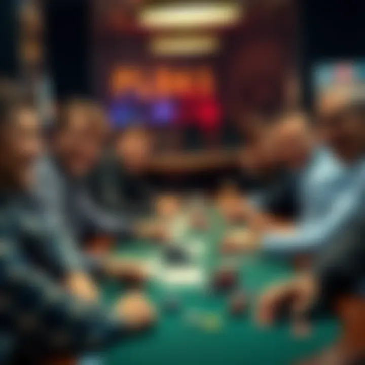 A group of people playing PLO5 at a table, smiling and enjoying the game, with colorful cards and chips spread out.