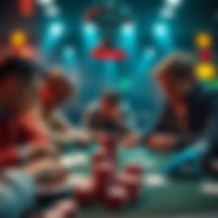 Exciting PLO Card Game A tense moment in a poker game with players focused on their cards and chips stacked high, showcasing the thrill and uncertainty of PLO.