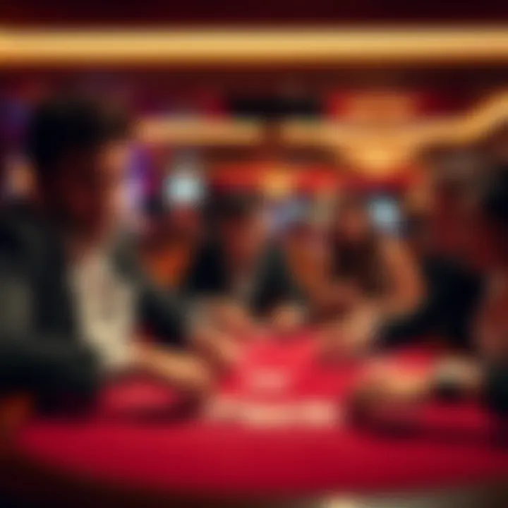 Players intensely focusing on a blackjack table in a lively casino atmosphere