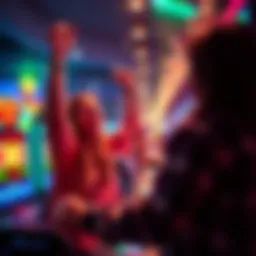 Exciting Casino Game Moment A player celebrating a big win on a colorful casino game with bright lights and symbols spinning.