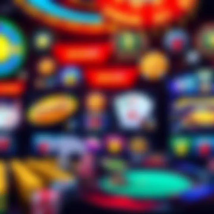 A vibrant display of various casino games like slots, poker, and baccarat with colorful graphics and bonus icons.