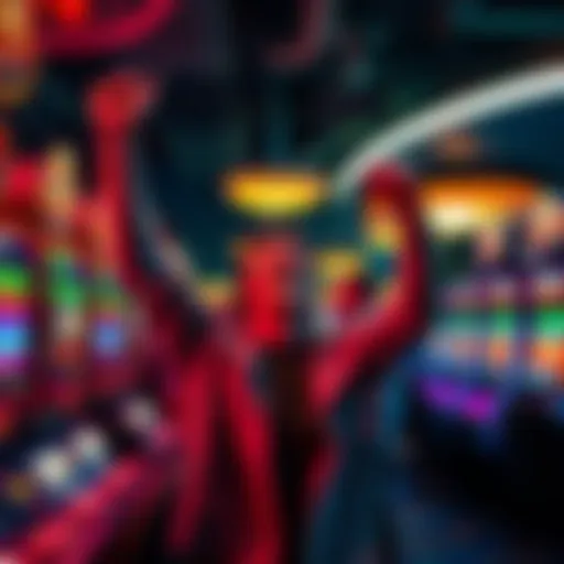 A person celebrating a big win at a casino with friends, surrounded by colorful slot machines and lights.