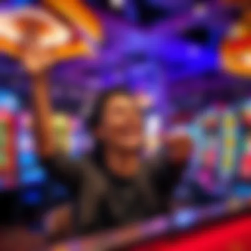 A joyful person celebrating a big win at a casino with chips and slots in the background.