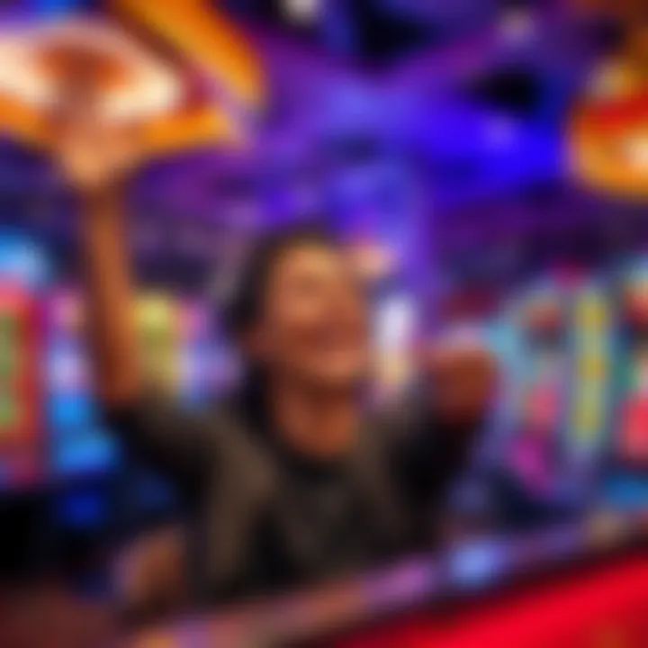 A joyful person celebrating a big win at a casino with chips and slots in the background.