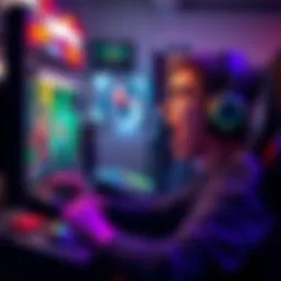 A gamer excitedly playing a new video game with colorful graphics and a high-tech setup.