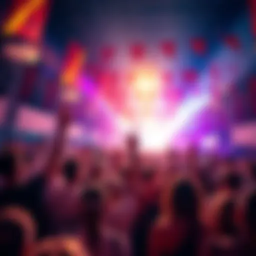 Crowd celebrating at a lively event with banners and decorations, showing excitement and anticipation.