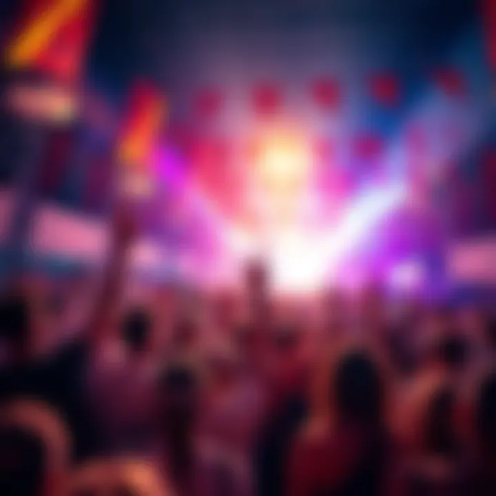 Crowd celebrating at a lively event with banners and decorations, showing excitement and anticipation.