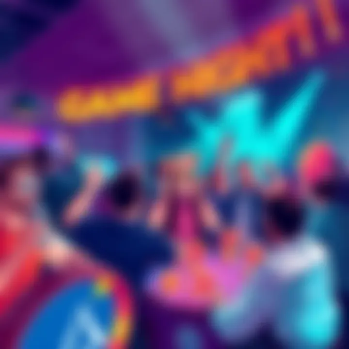 A colorful illustration of a lively game night with people celebrating and winning prizes