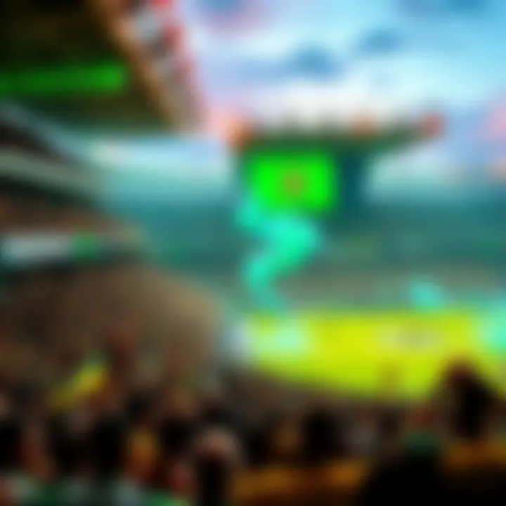 A packed stadium with fans cheering for an upcoming match, showcasing banners and team colors. The atmosphere is electric with anticipation.