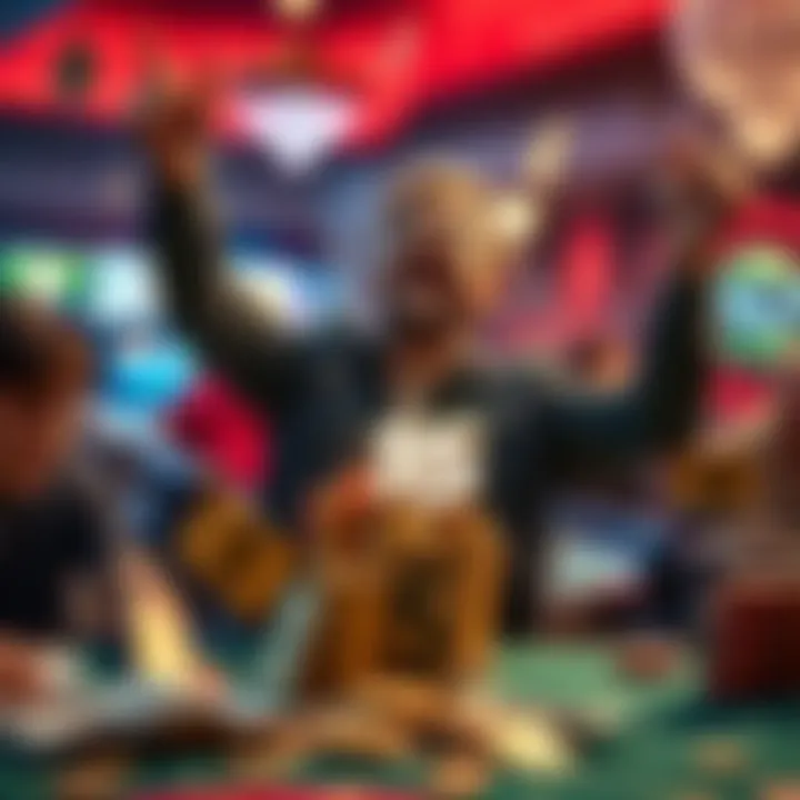 A person celebrating a big win from a money game with excitement and joy, surrounded by cash and a gaming table.