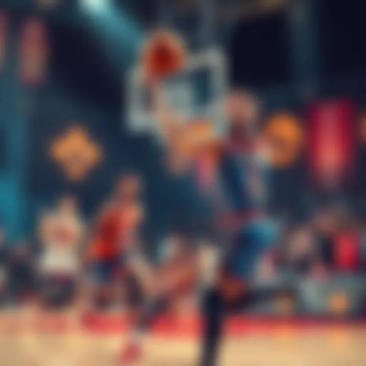 Basketball players competing in an intense NBA game, showcasing skills and teamwork, with fans cheering in the background