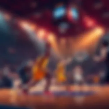 Exciting NCAAB Games Action-packed NCAAB basketball game with players competing intensely on the court