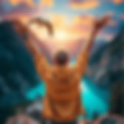 A person celebrating a significant achievement with arms raised in joy and excitement, surrounded by vibrant scenery.