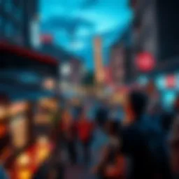 A vibrant city scene with people enjoying various activities at night, including music, food, and entertainment.