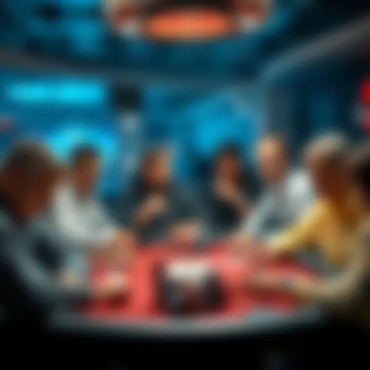 A group of players at a poker table, focused and tense, as they engage in a high-stakes hand with chips stacked in front of them.