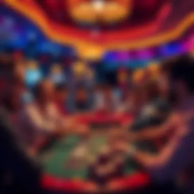 A group of people playing poker in a colorful casino setting, showcasing unique rules and vibrant atmosphere.
