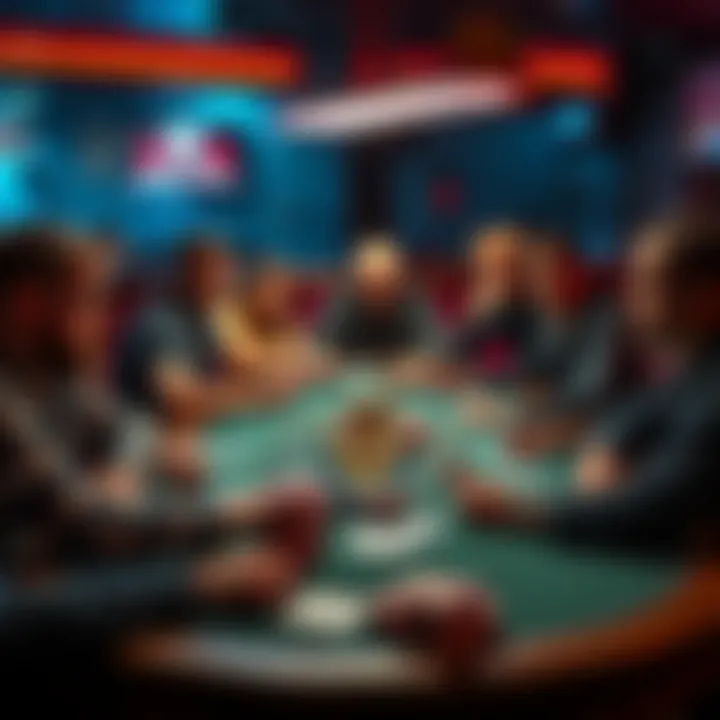 A group of players engaged in a poker game, focused on their cards with a large pot of money in the center of the table.